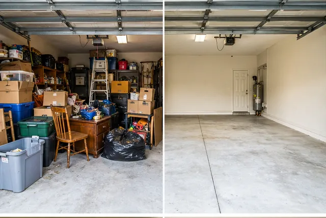 The same two-car garage before and after a cleanout: packed with boxes, bins and furniture, then empty