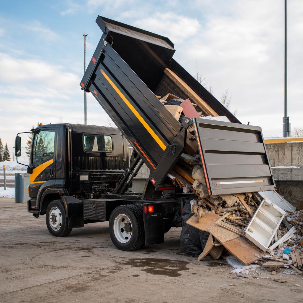 Compact black and yellow YEG JUNK dump truck unloading household and renovation debris