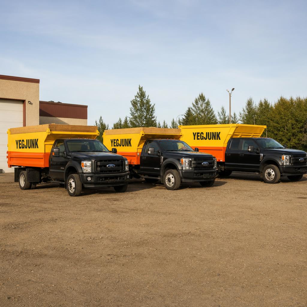 Three different sizes of YEG Junk compact dump trucks serving Edmonton and surrounding communities